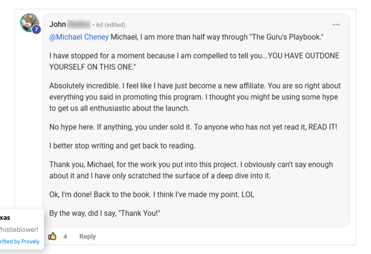 Student review of the Guru Playbook affiliate marketing product